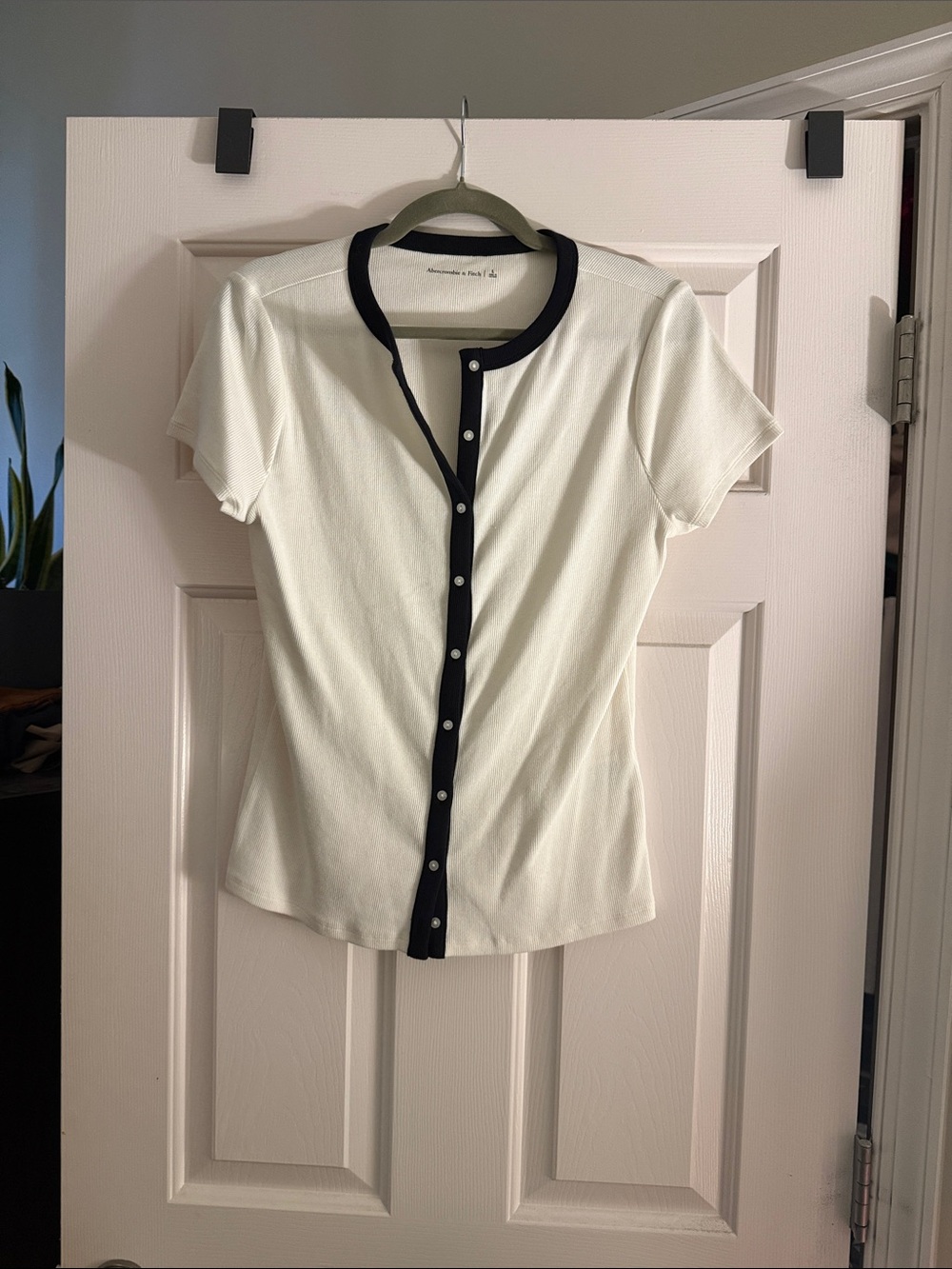 Abercrombie & Fitch White Short-Sleeve Button Top with Black Trim